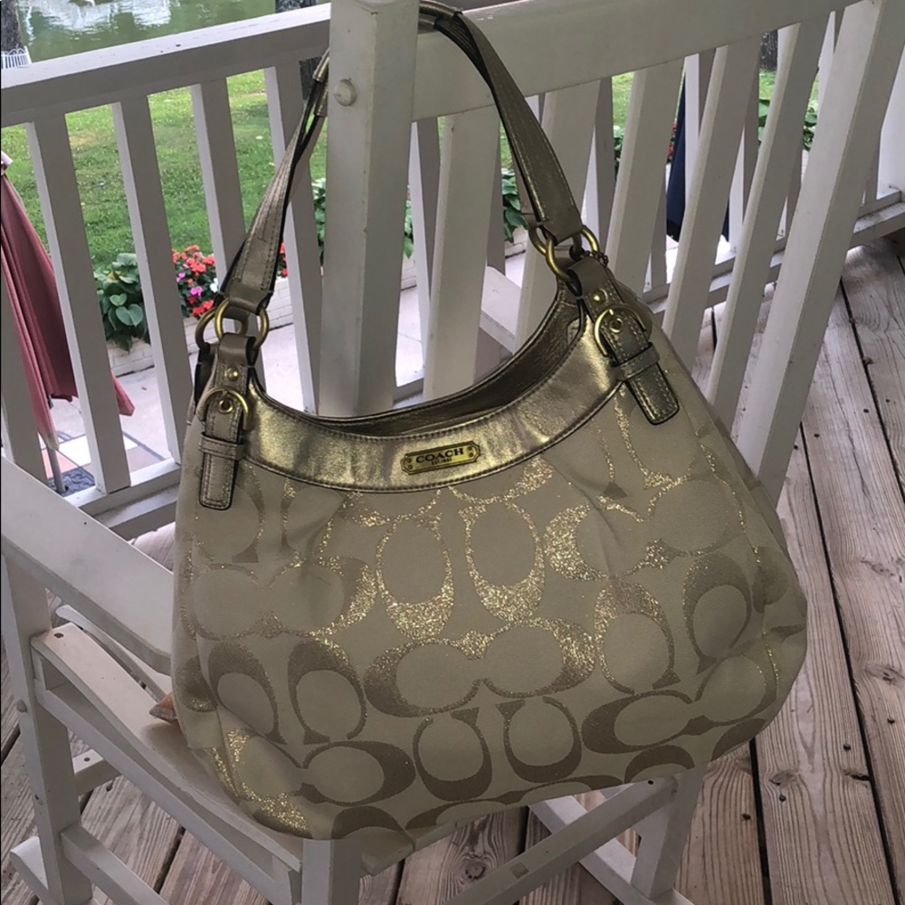 Coach triple pocket gold sparkle signature bag
